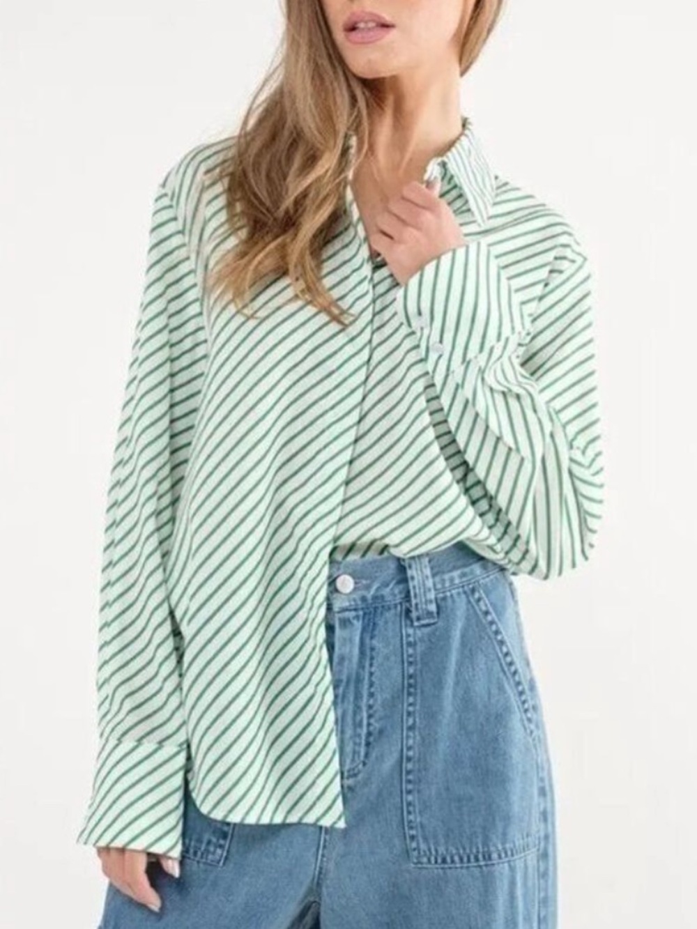 Aaron & Amber Striped Oversized Relaxed Fit Button Up Shirt in Kelly Green